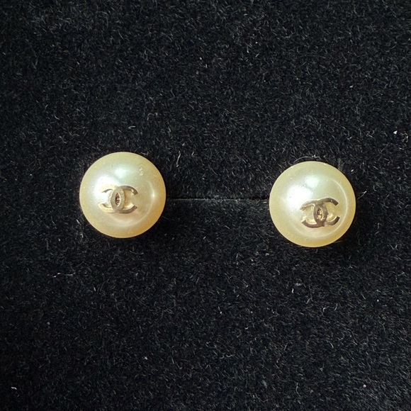Chanel CC Gold Faux Pearl Stud Earrings